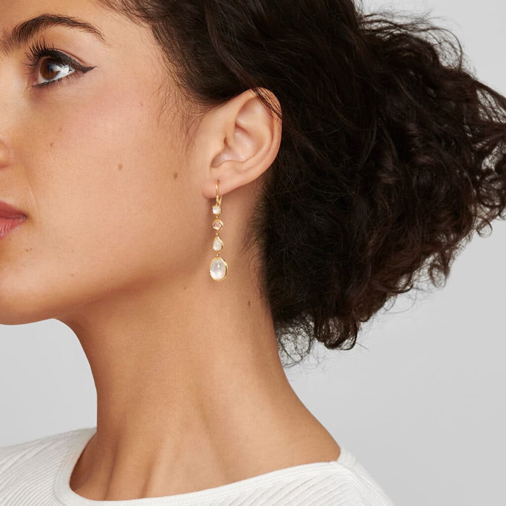 side view of face of a women wearing gold drop earrings