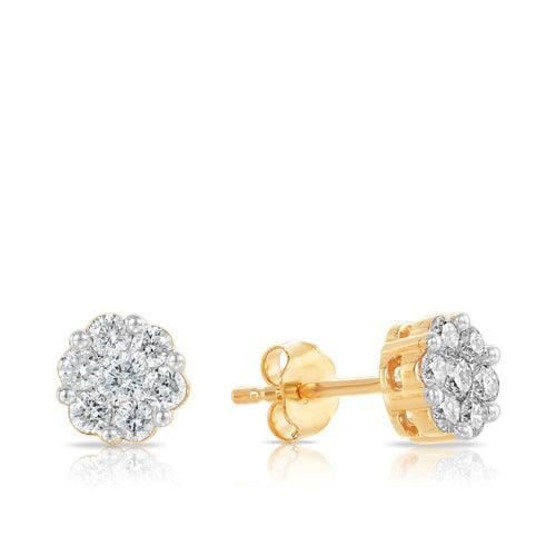 front and full view of diamond clusters in a gold earrings