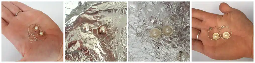 silver earrings on a foil paper