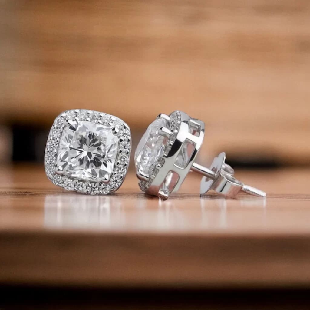 a full and front view of a pair of Lab Grown Diamond Earrings