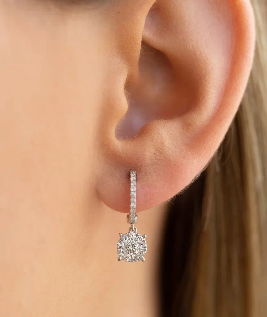  a zoomed image of an ear adorned with Drop Earrings