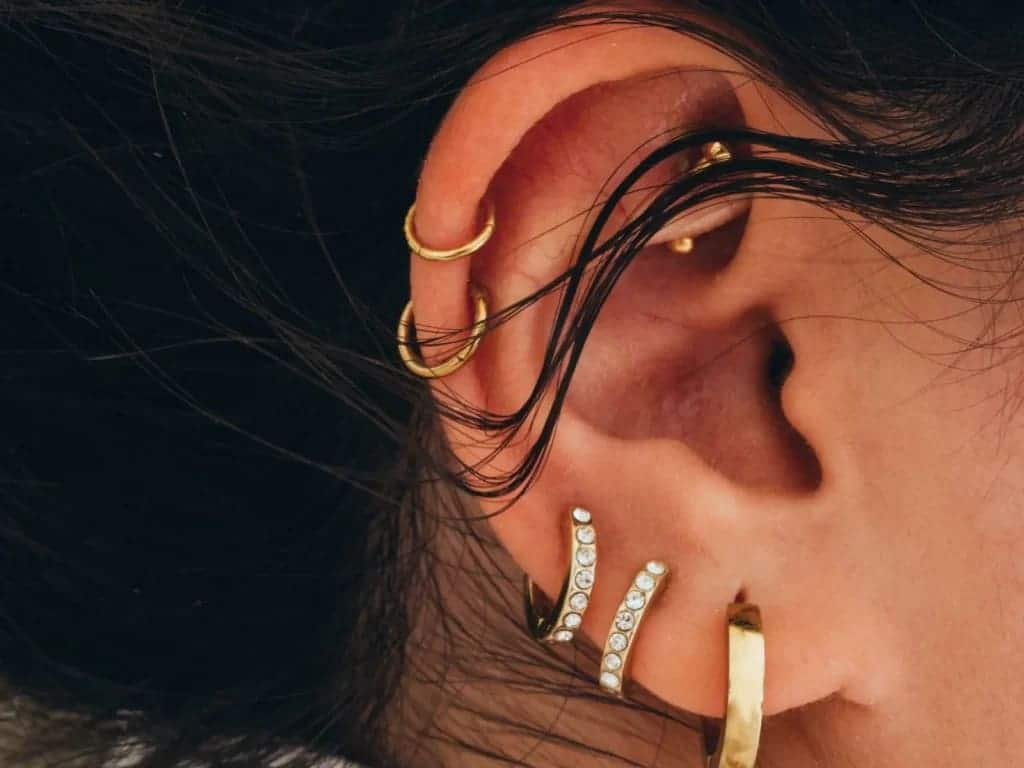 an ear having different types of hoop earrings 