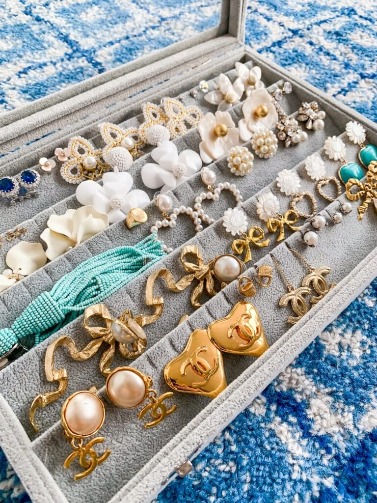 inside view of jewelry organizer showing earring collection