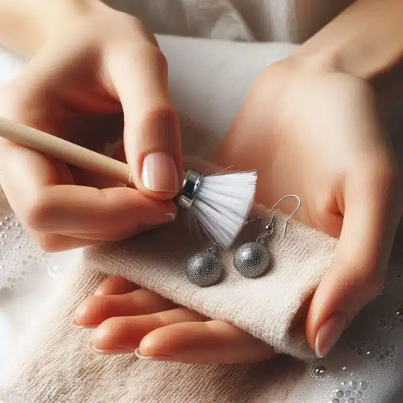 clenaing of earrings using a brush