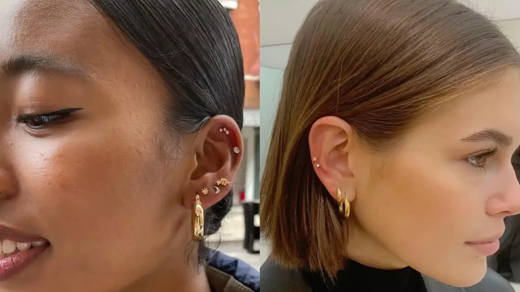 two women with different types of earrings in their ears