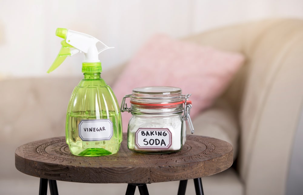 White vinegar in spray bottle and baking soda in glass jar