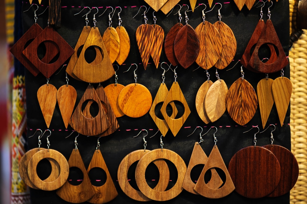 A view of antique wooden earrings