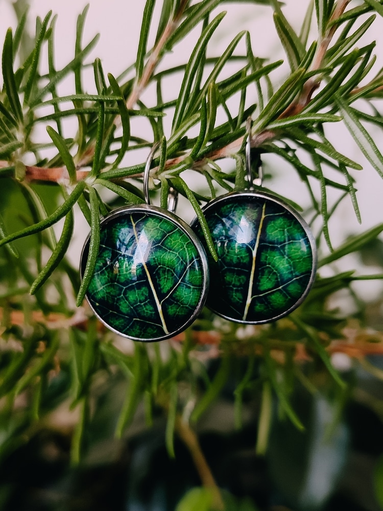 A view of emerald green lever back earrings