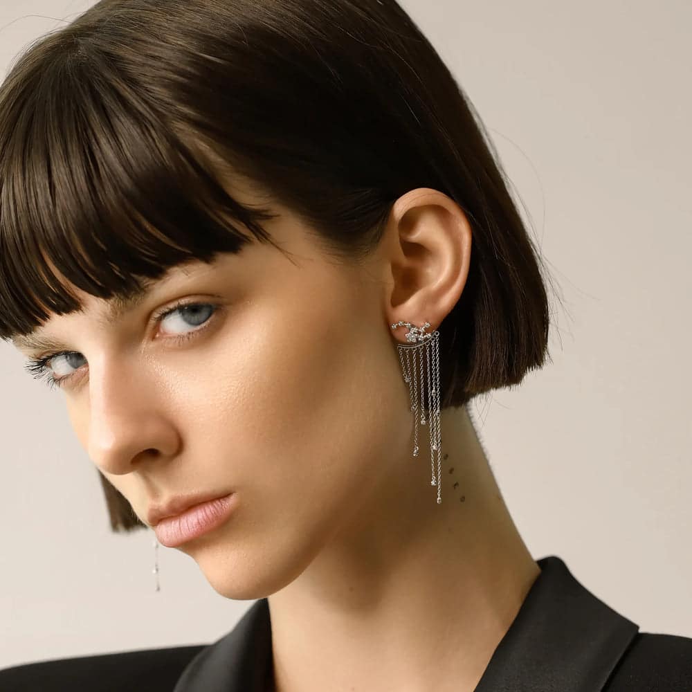 a girl with short hair giving pose with chandelier earrings a girl with short hair giving pose with chandelier earrings