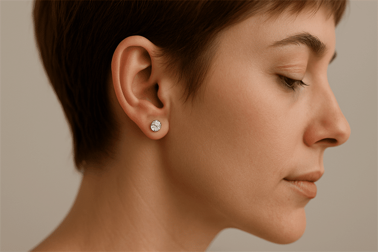 view ofa girl wearing small studs view ofa girl wearing small studs