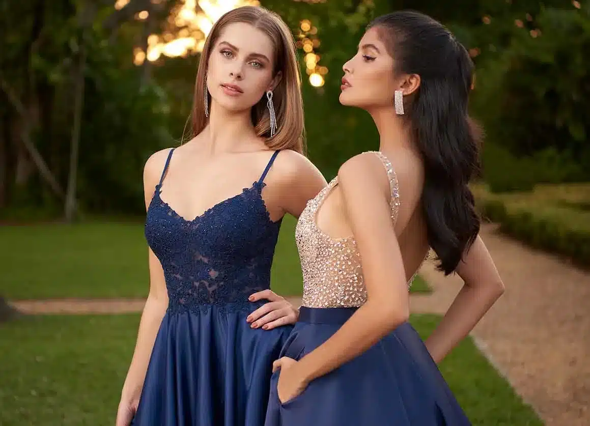 beautiful girls wearing party dresses and long earrings